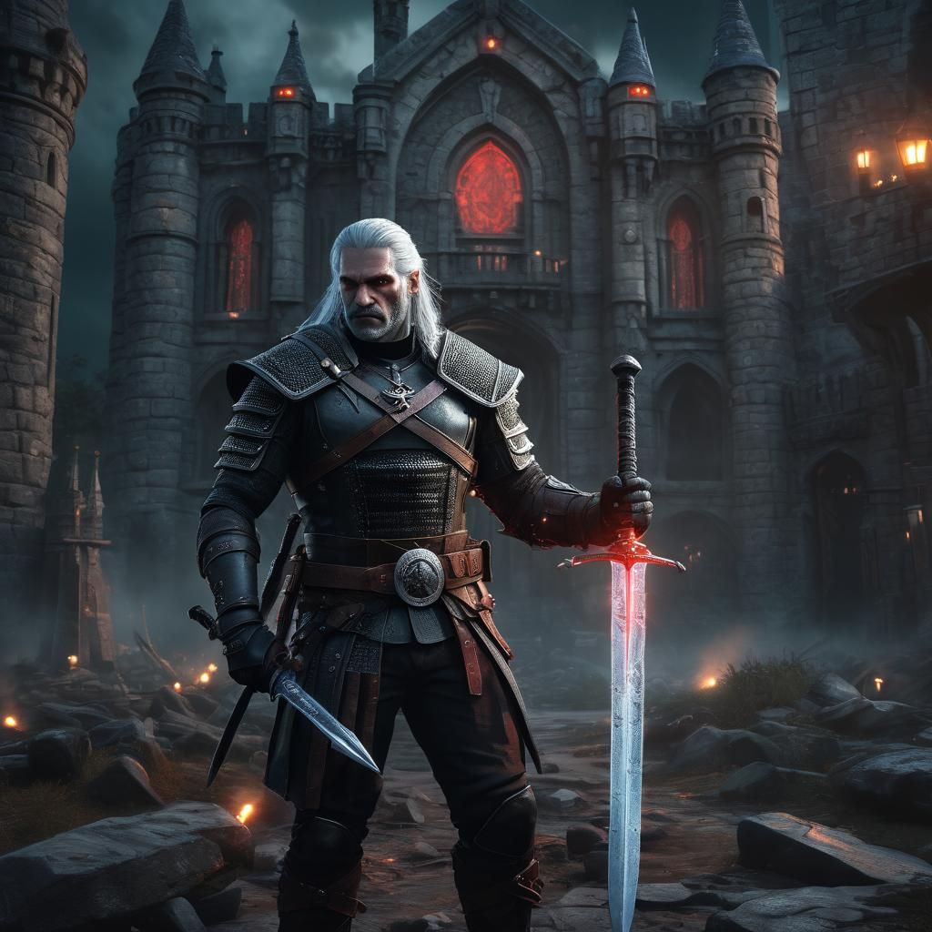 Armored Warrior with Glowing Swords in Castle