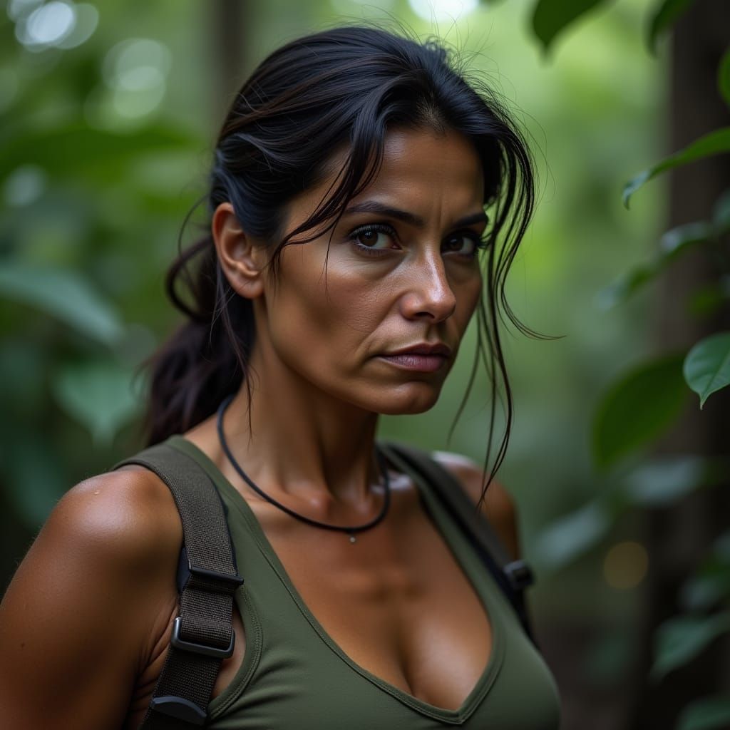 Guerilla fighter. Set in Cuban jungle. She is a tough looking woman with Latin features.