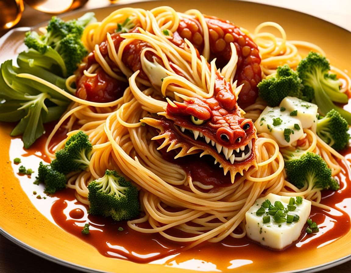 Dragon Spaghetti Plate with Fiery Sauce, Dark Fantasy Art