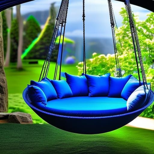Cobalt blue holographic Round Swing Bed with Pergola Roof and Planters& gothic vibes& ethereal vibes& magical vibes& dar...