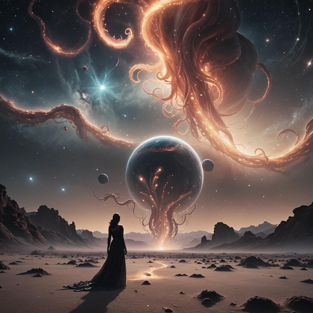 Space Being Overlooking Planetary Landscape in Photorealisti...