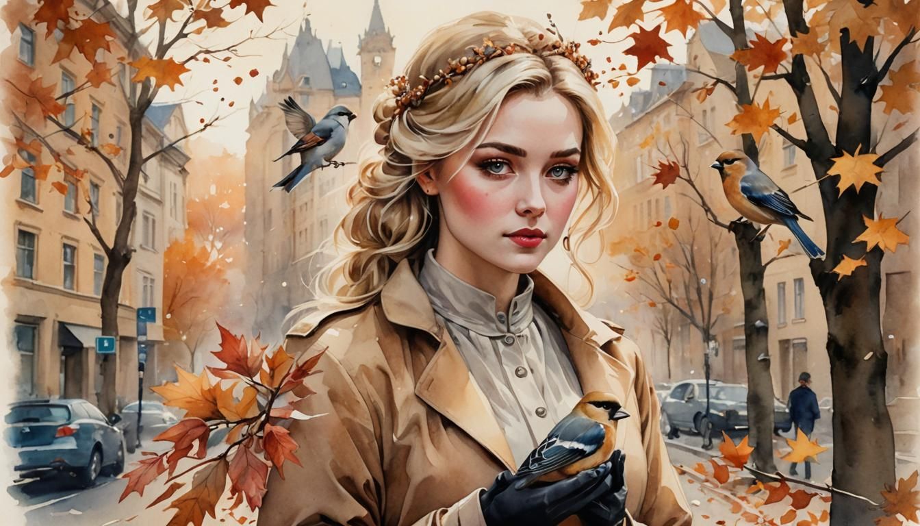 Whimsical Watercolor Portrait of Woman with Bullfinch