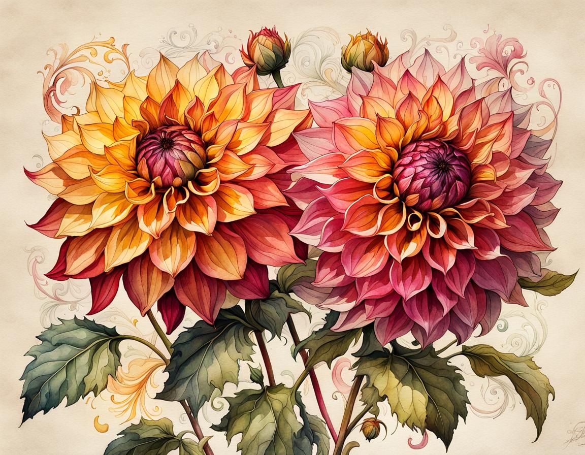 Dancing Dahlias Ink and Watercolor Illustration