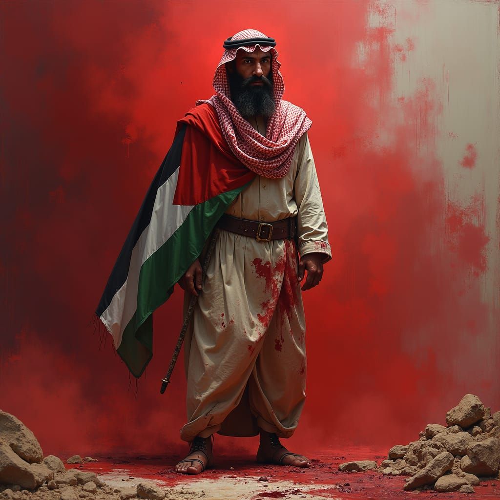 A man standing with the Palestinian flag. His body is covere...