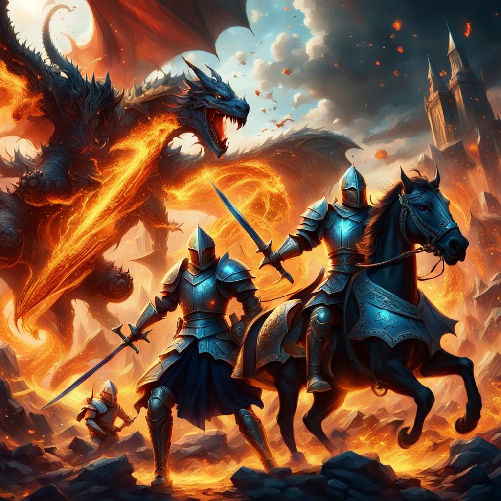 Epic Fantasy Medieval Battle Scene with Knights and Dragons....