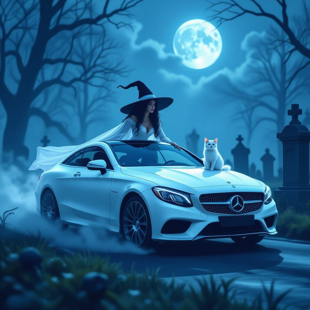 White Witch Rides Mercedes Through Foggy Cemetery