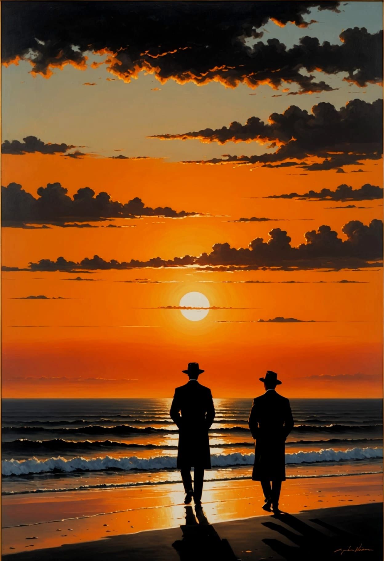 Black and Orange Sunrise Over Ocean Oil Painting