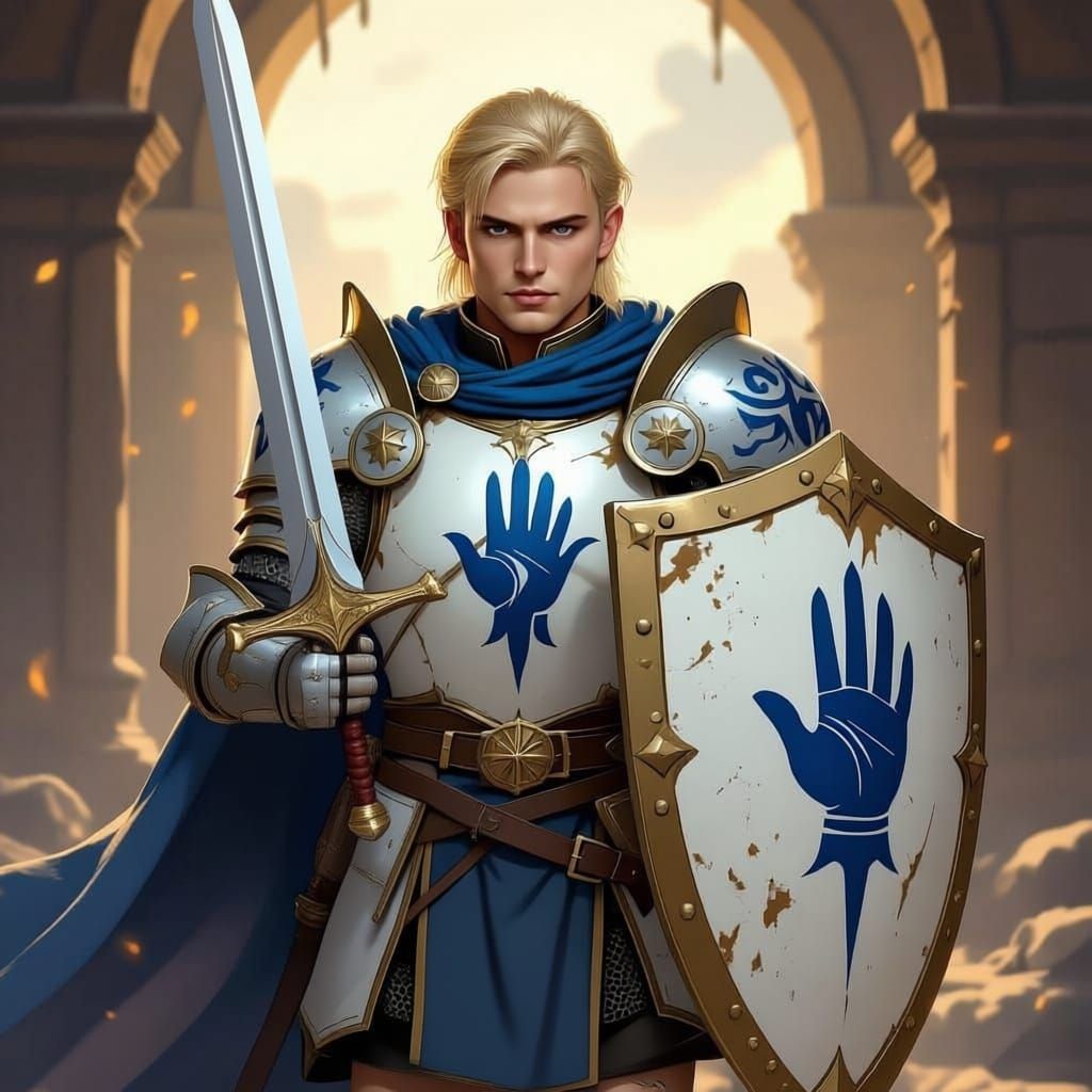 Blond Paladin in Full Plate Armor with Blue Hand Shield