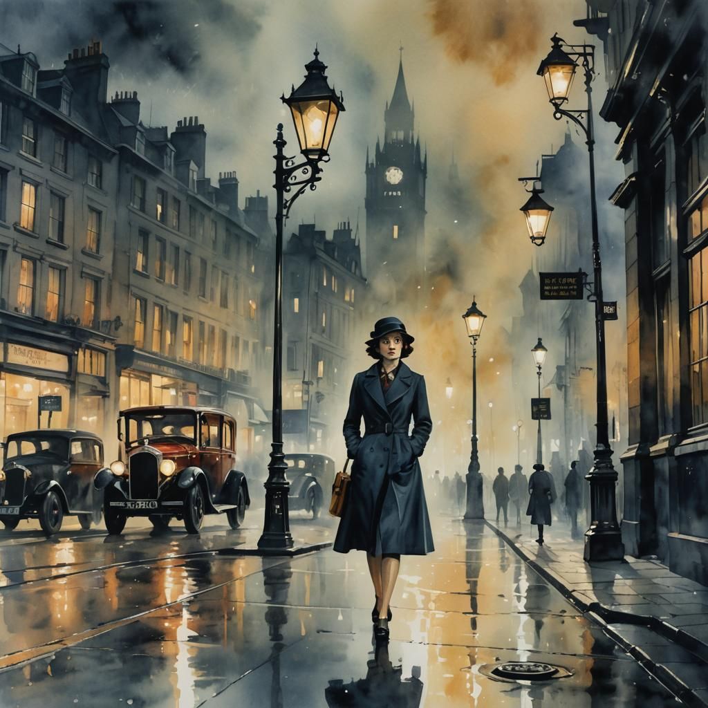 Film Noir Detective in Foggy London Street
