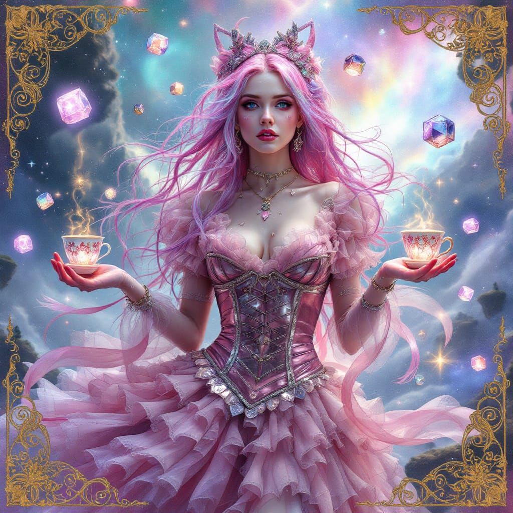 Cosmic Tea Sorceress with Floating Islands and Nebula Skies
