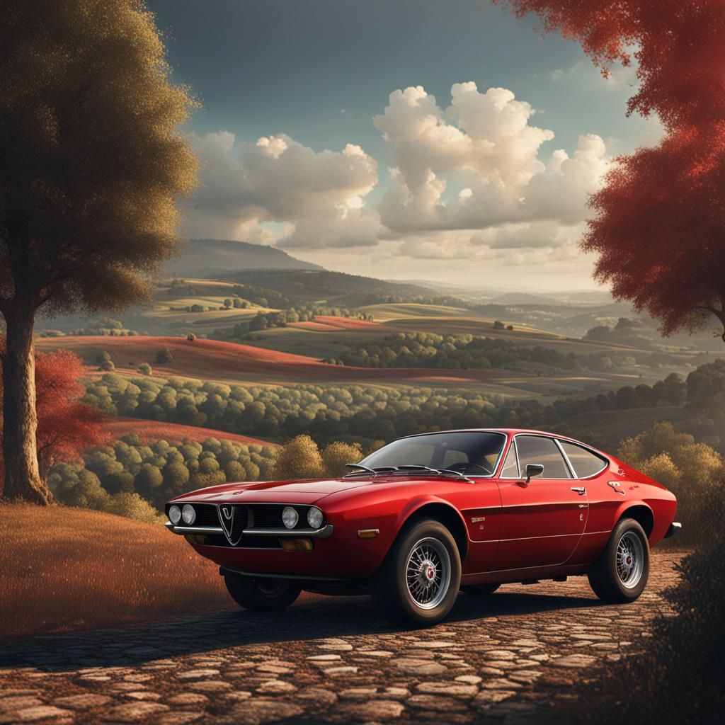 Red Alfa Romeo Montreal in Tuscany Landscape