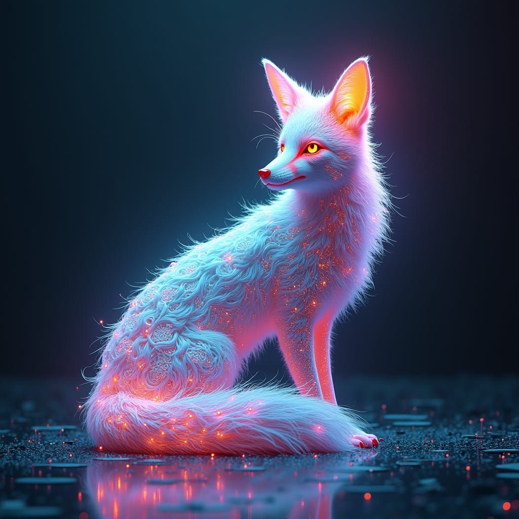 A fox with intricate, glowing, fractal patterns on its fur, ...