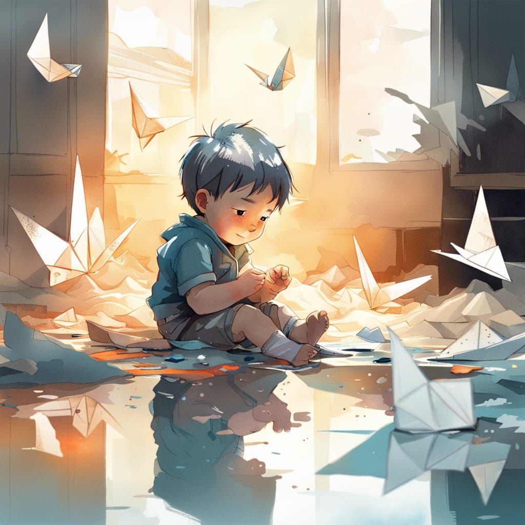 Boy with origami birds