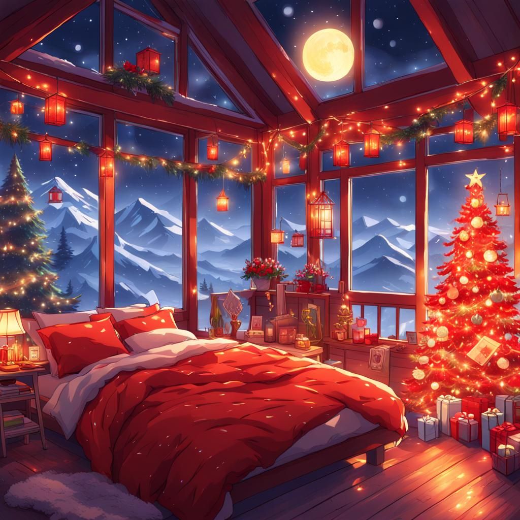 Cozy Christmas Bedroom with Mountain View in Anime Style