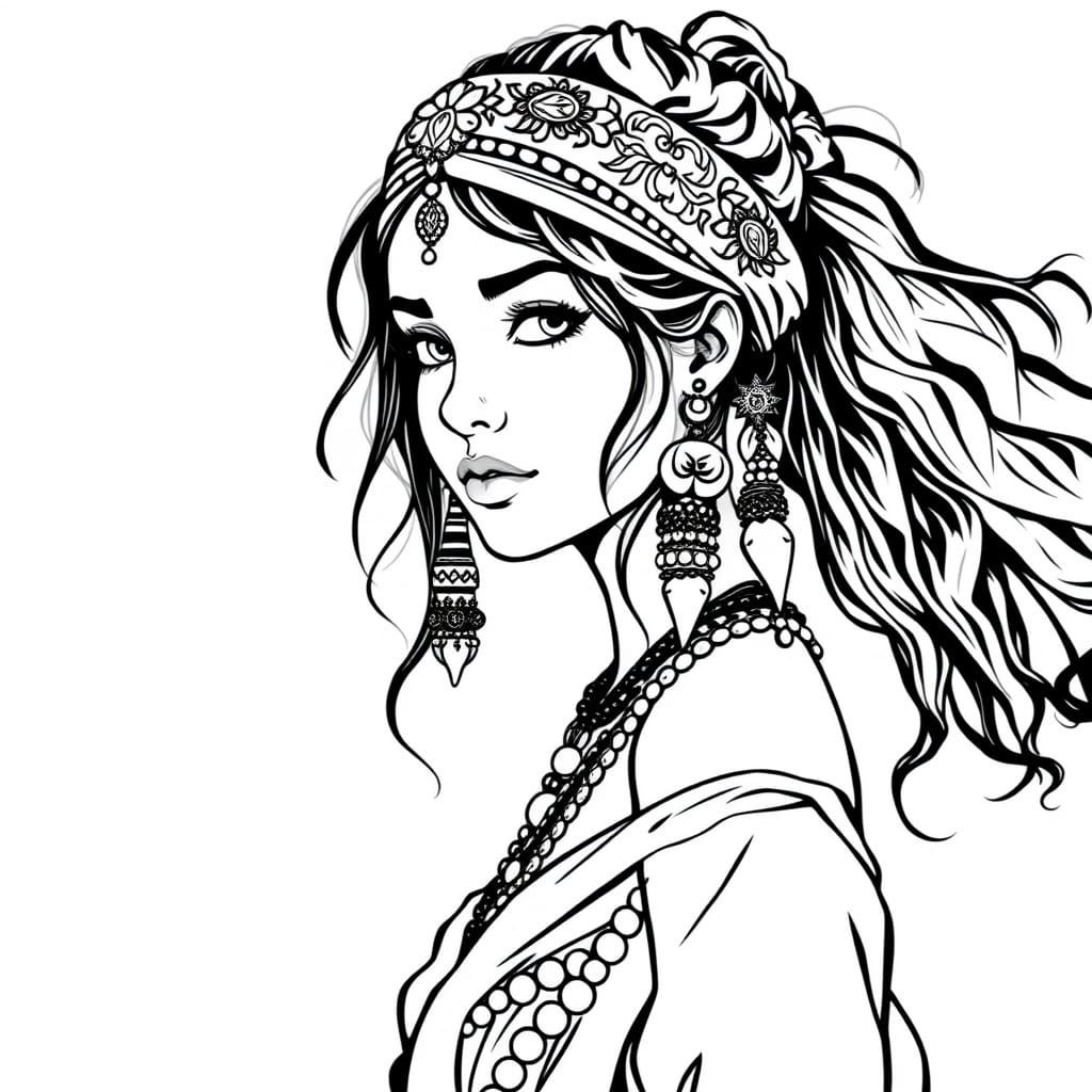 Vistani Woman in 1-bit Art Nouveau Style