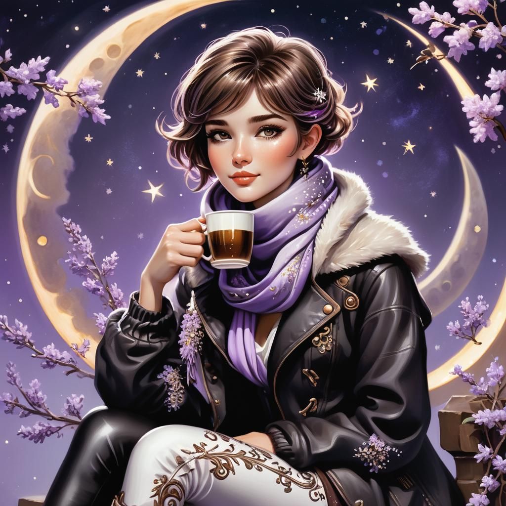 Girl on the Moon with Lilac Flowers