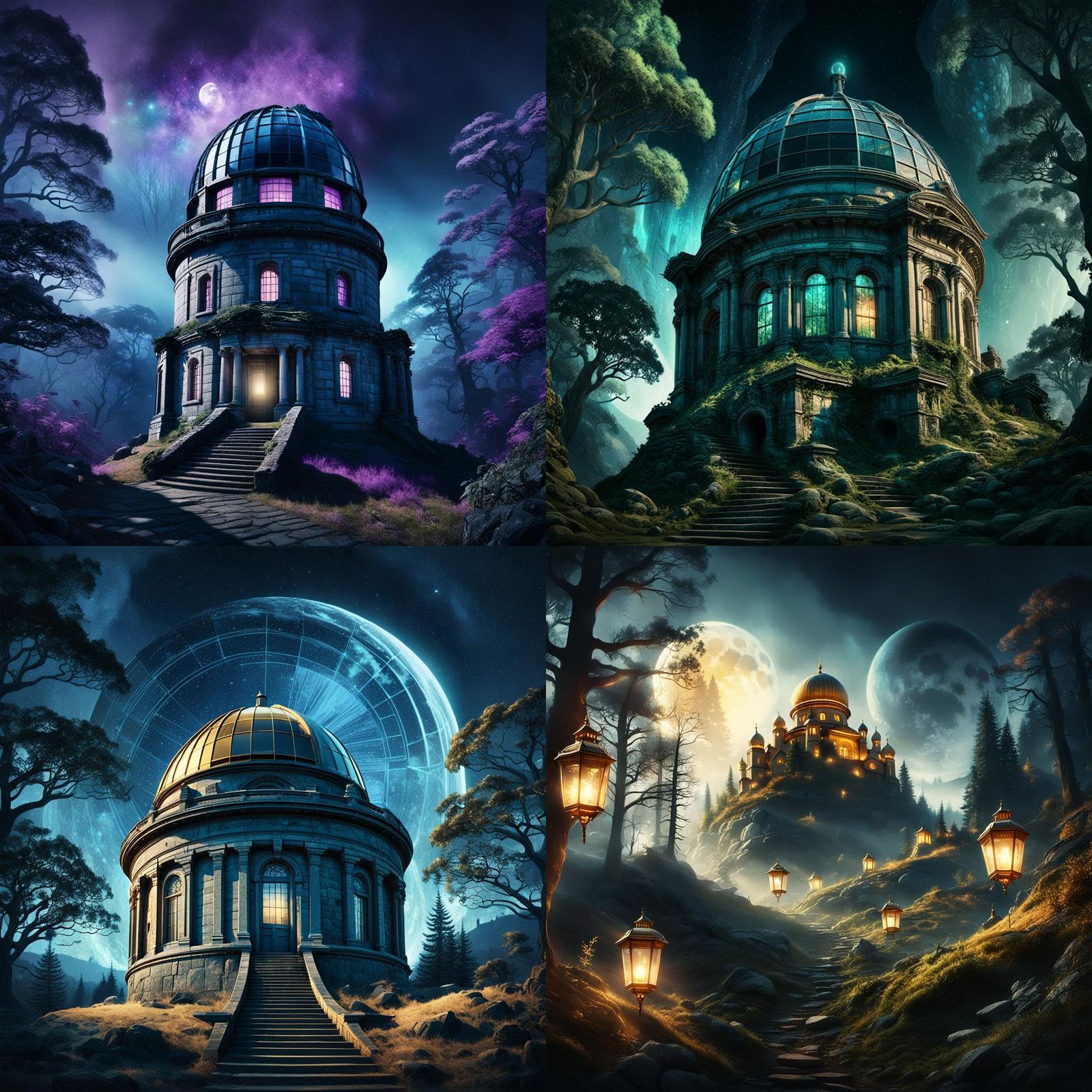 Decaying Stone Observatory Under Starry Fantasy Forest Skies