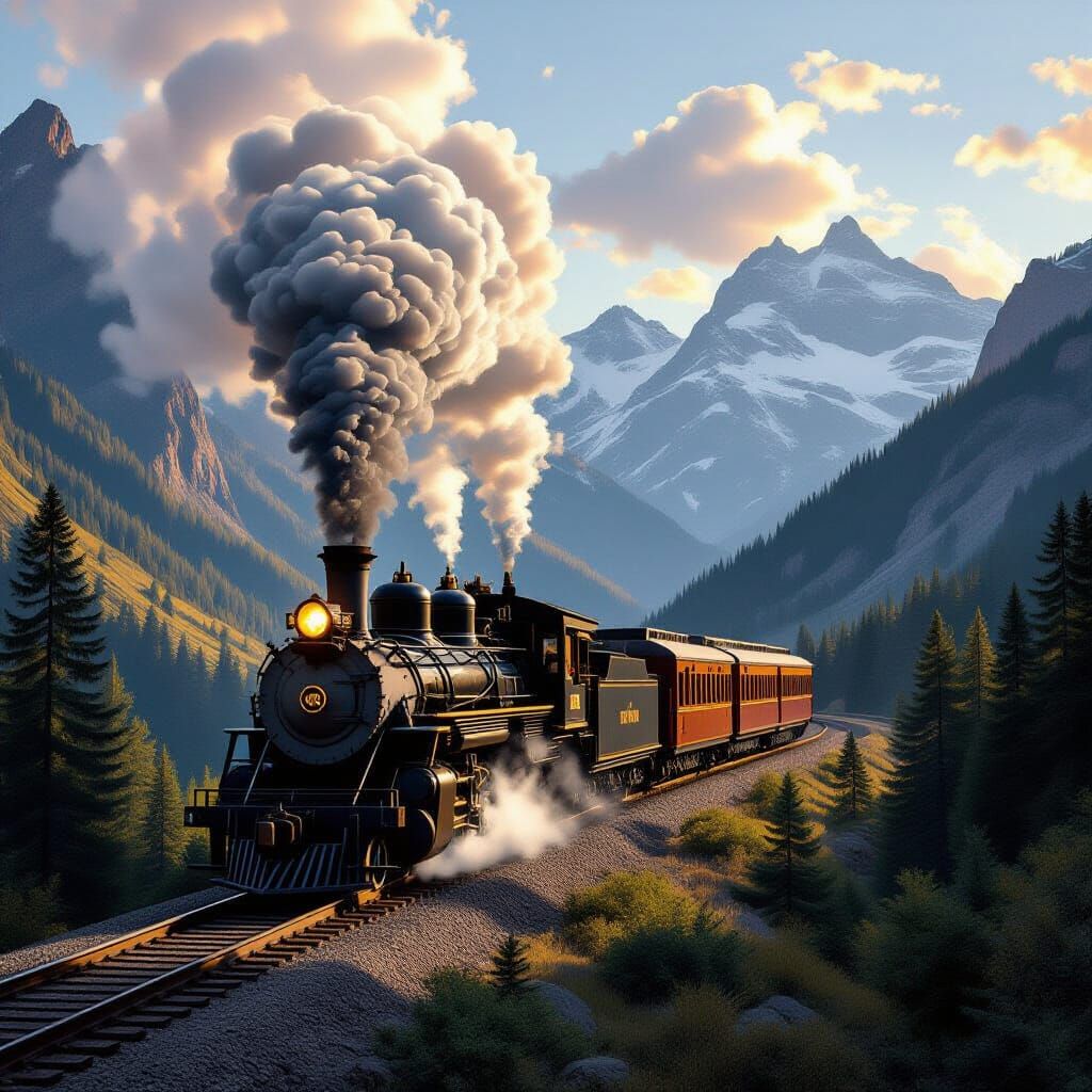 Steam Engine Through Mountain Valleys in Golden Hour Light
