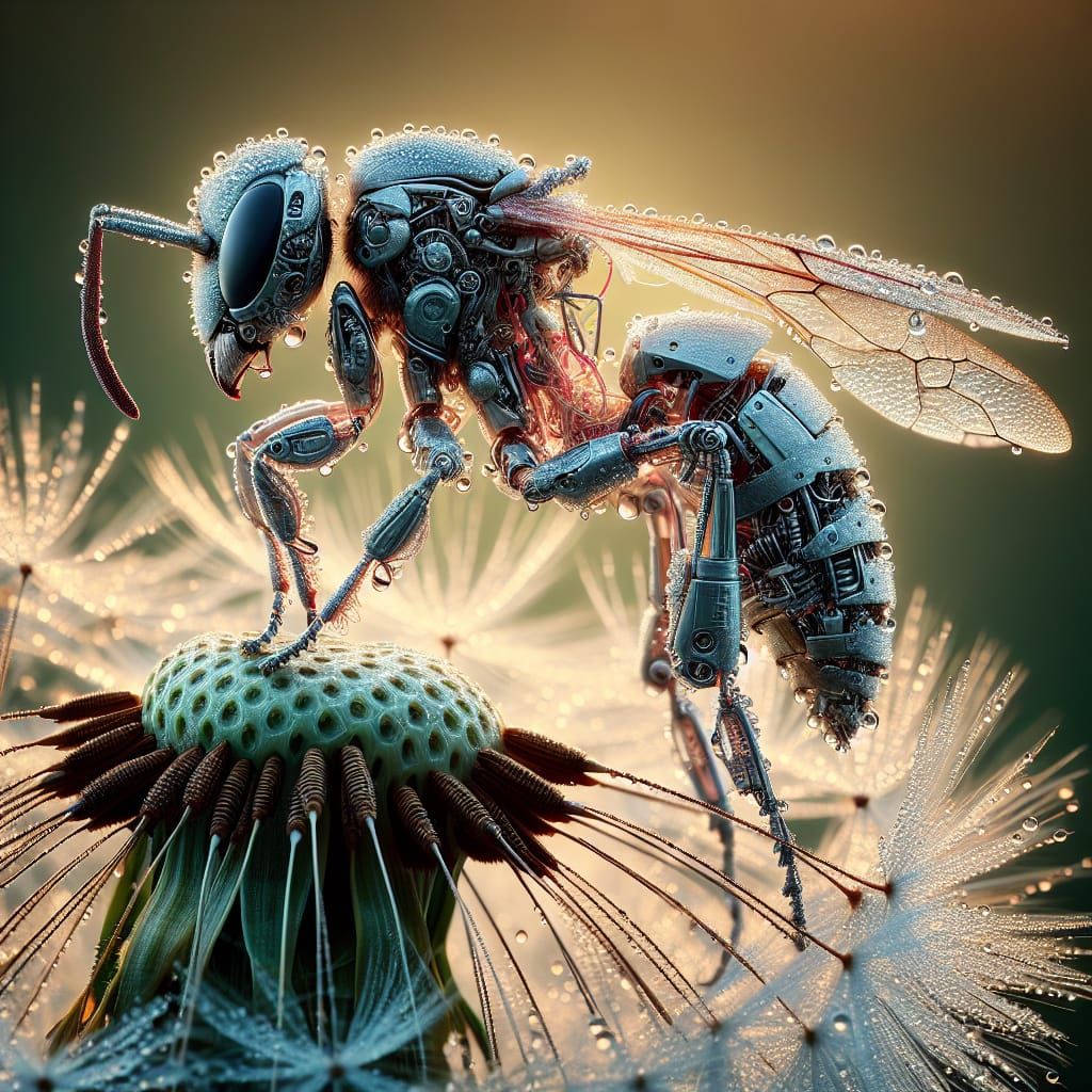 Cyborg Wasp on Dandelion: A Macro Photograph