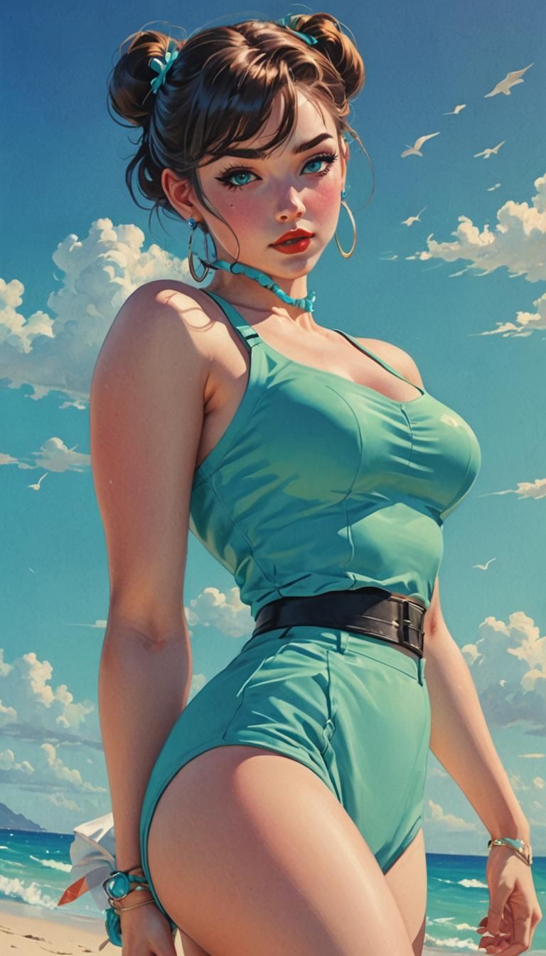 Anime Pin-Up Model on Beach with Neon Turquoise Background