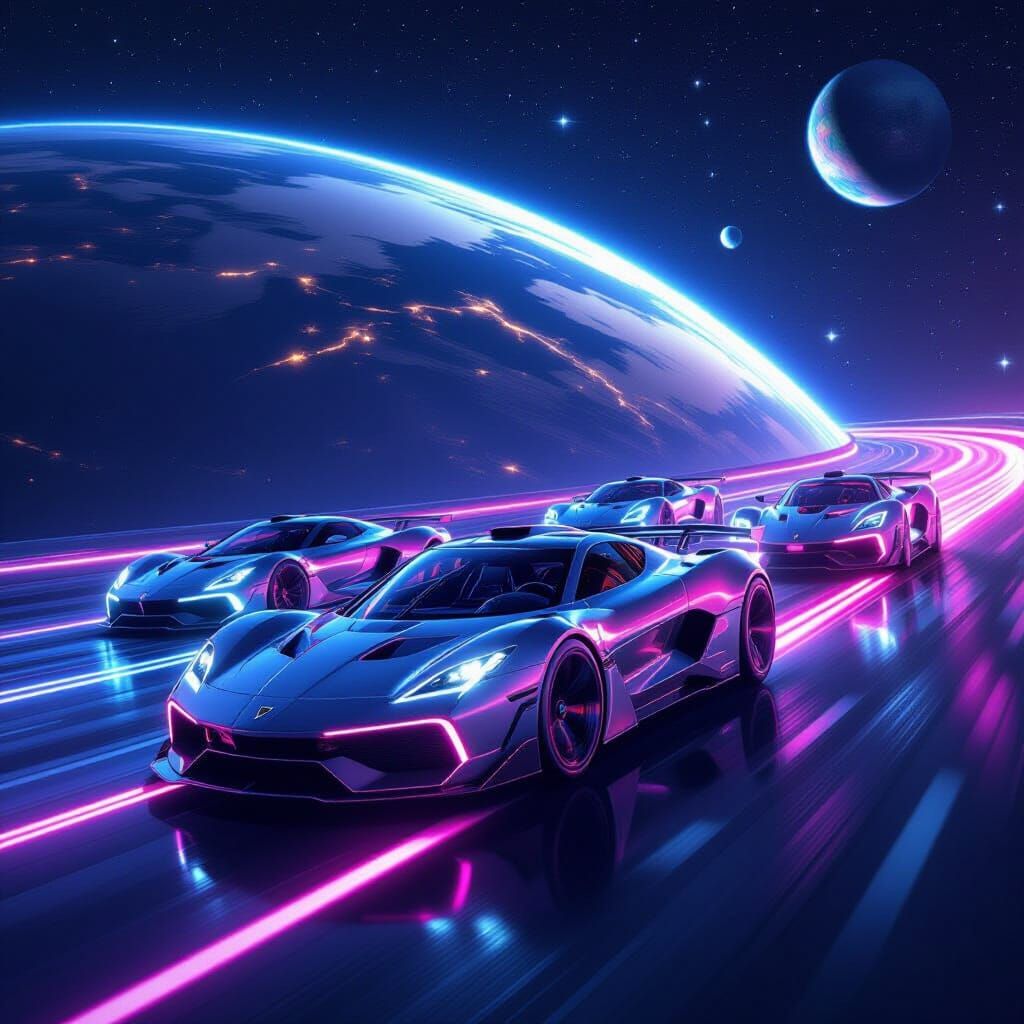 Luxury Hypercars Race on Glowing Space Track