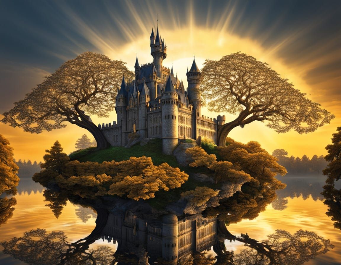 Surreal Castle of Twisting Whispers in Golden Sunshine