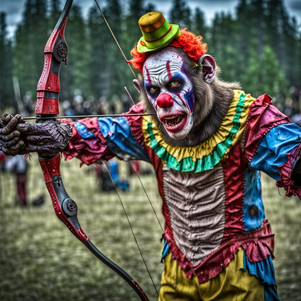 Zombie Monkey Clown Archery in Hyperrealistic Style