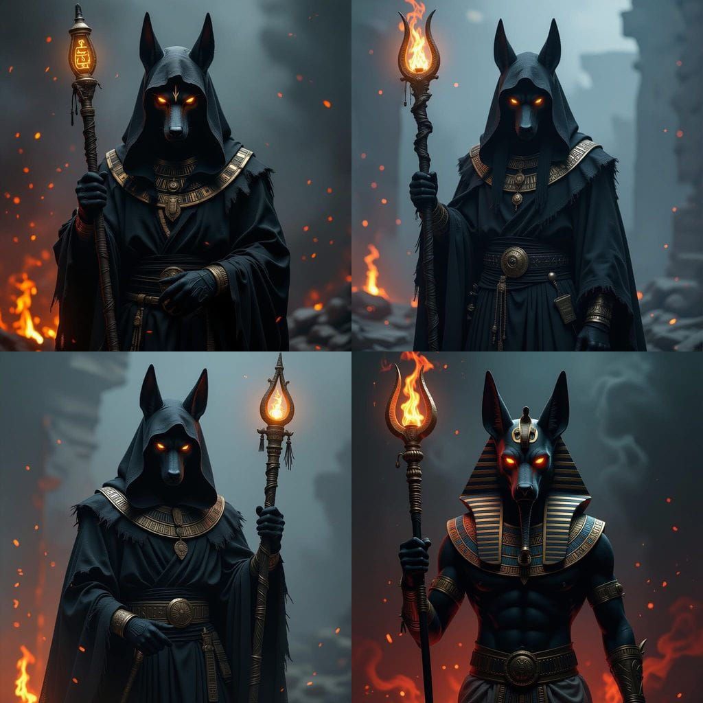 Photorealistic Anubis with Glowing Eyes in Dark Theme