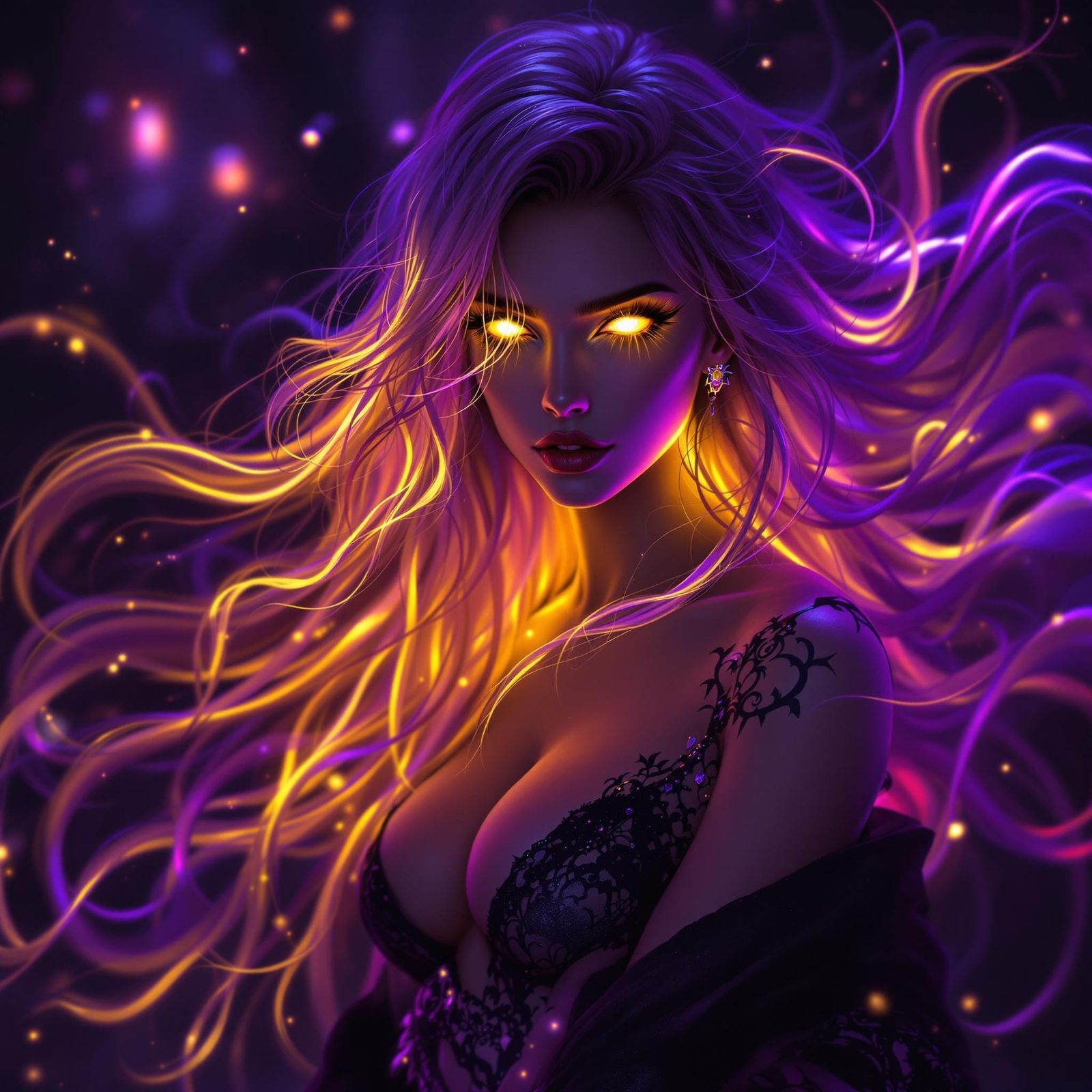 Mysterious Woman in Neon Hues with Glowing Eyes