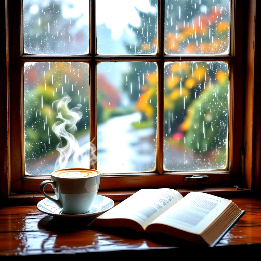Cozy Nook: Latte, Book, and Rainy Window View