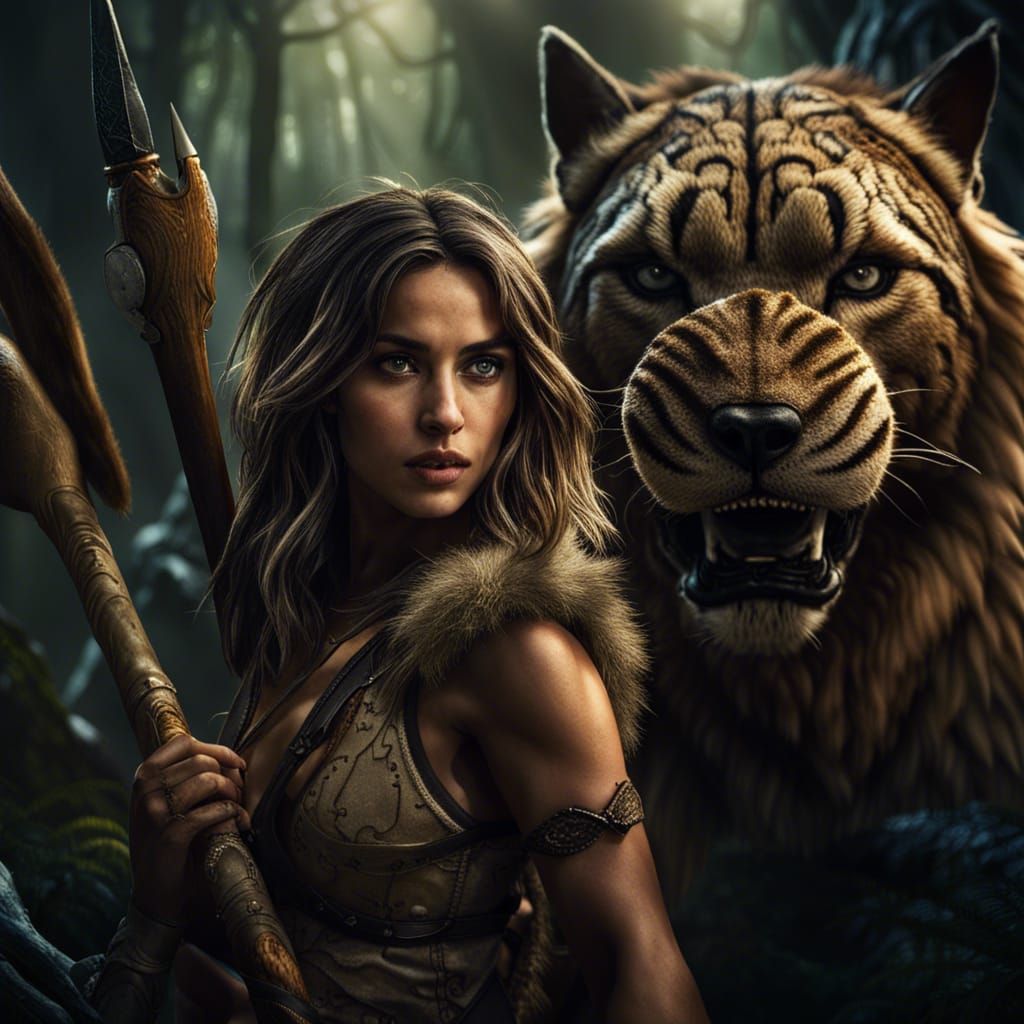 Primal Female Hunter with Sabertooth Cat