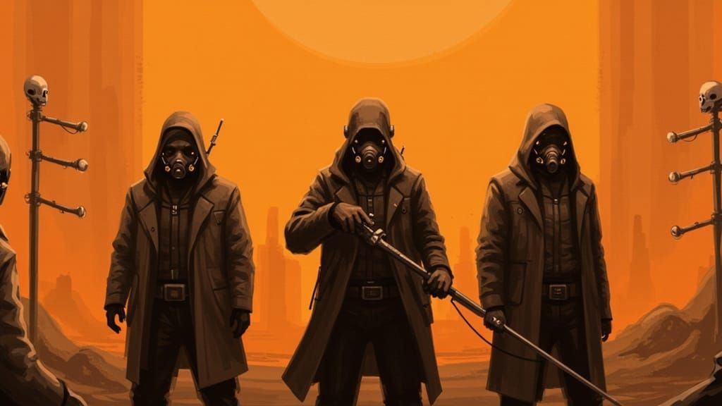 Surreal Grim Western Figures Stand at Emberroot Pit's Edge