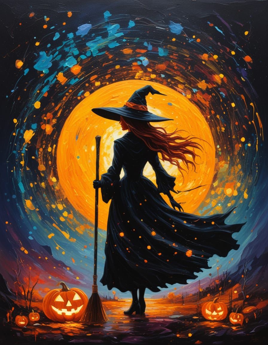 Cosmic Witch Silhouette in Impasto Oil Painting