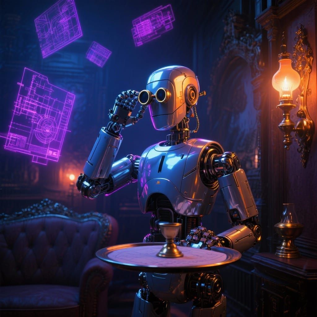 Robot Butler with Monocle in Cyberpunk Victorian Drawing-Roo...