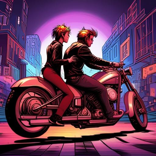 Punk Couple on Motorcycle: 3D Digital Art