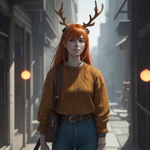 Anime Woman with Antlers and Rabbit Ears