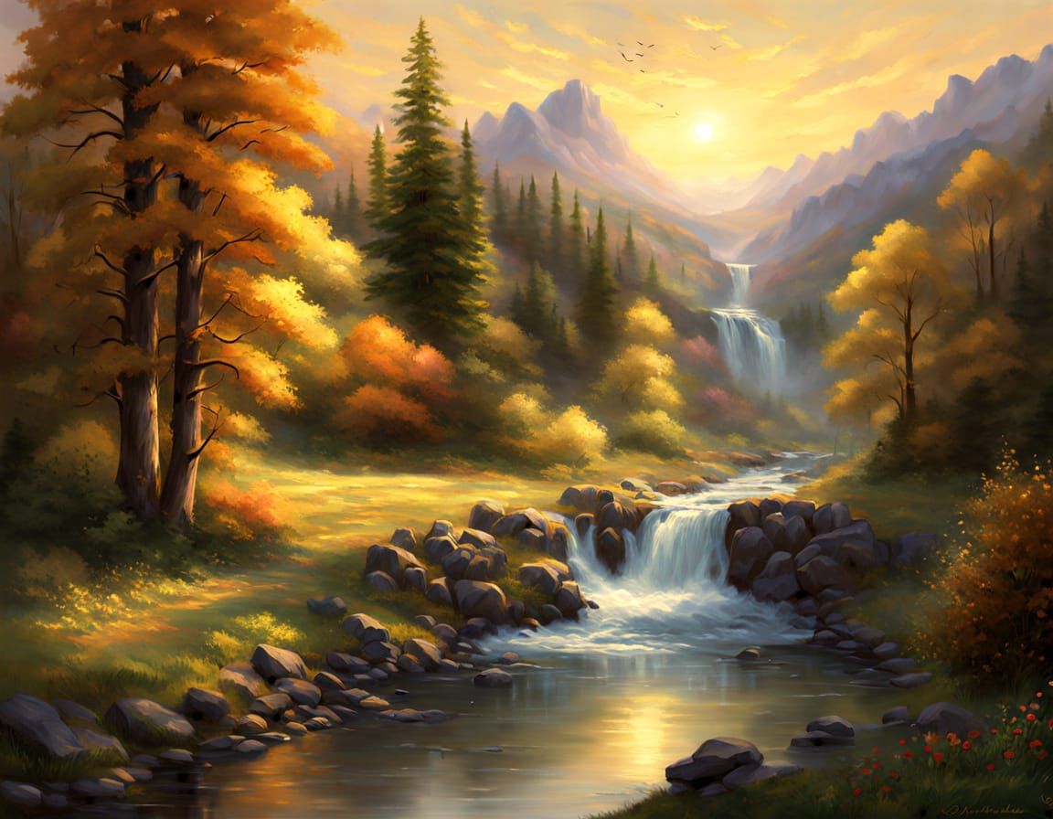 Golden Autumn Waterfall in Impressionistic Oil Style