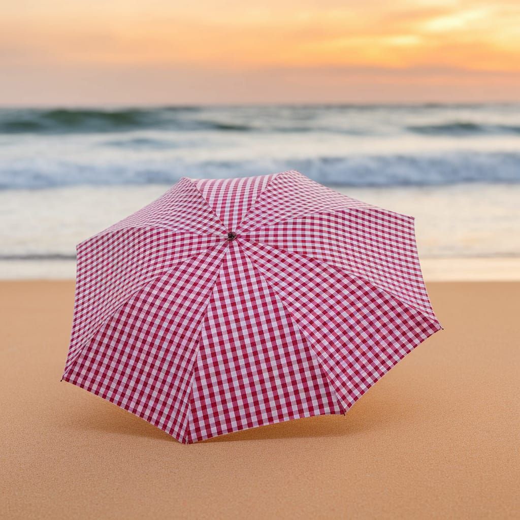 Gingham Beach Umbrella in Sunset Glow