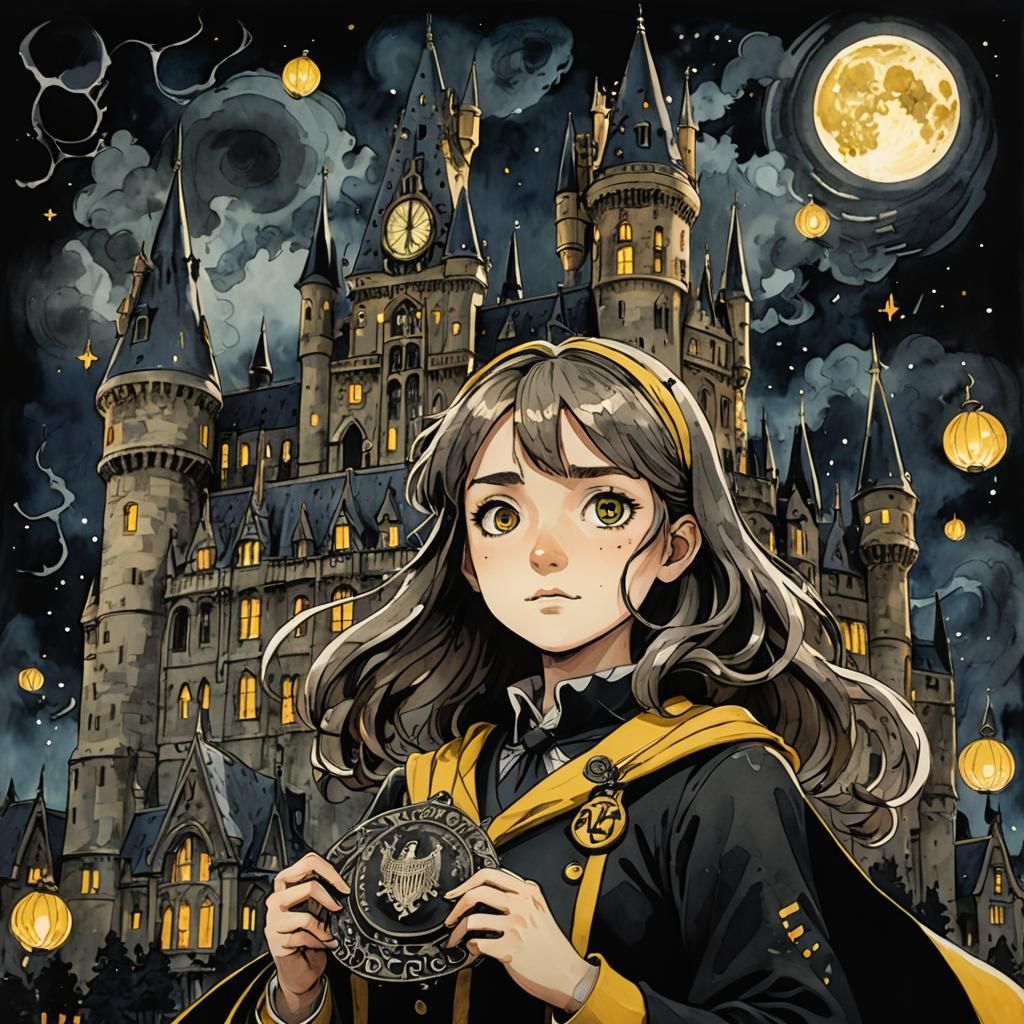 Dark Fantasy Hufflepuff Girl at Hogwarts in Ghibli Style