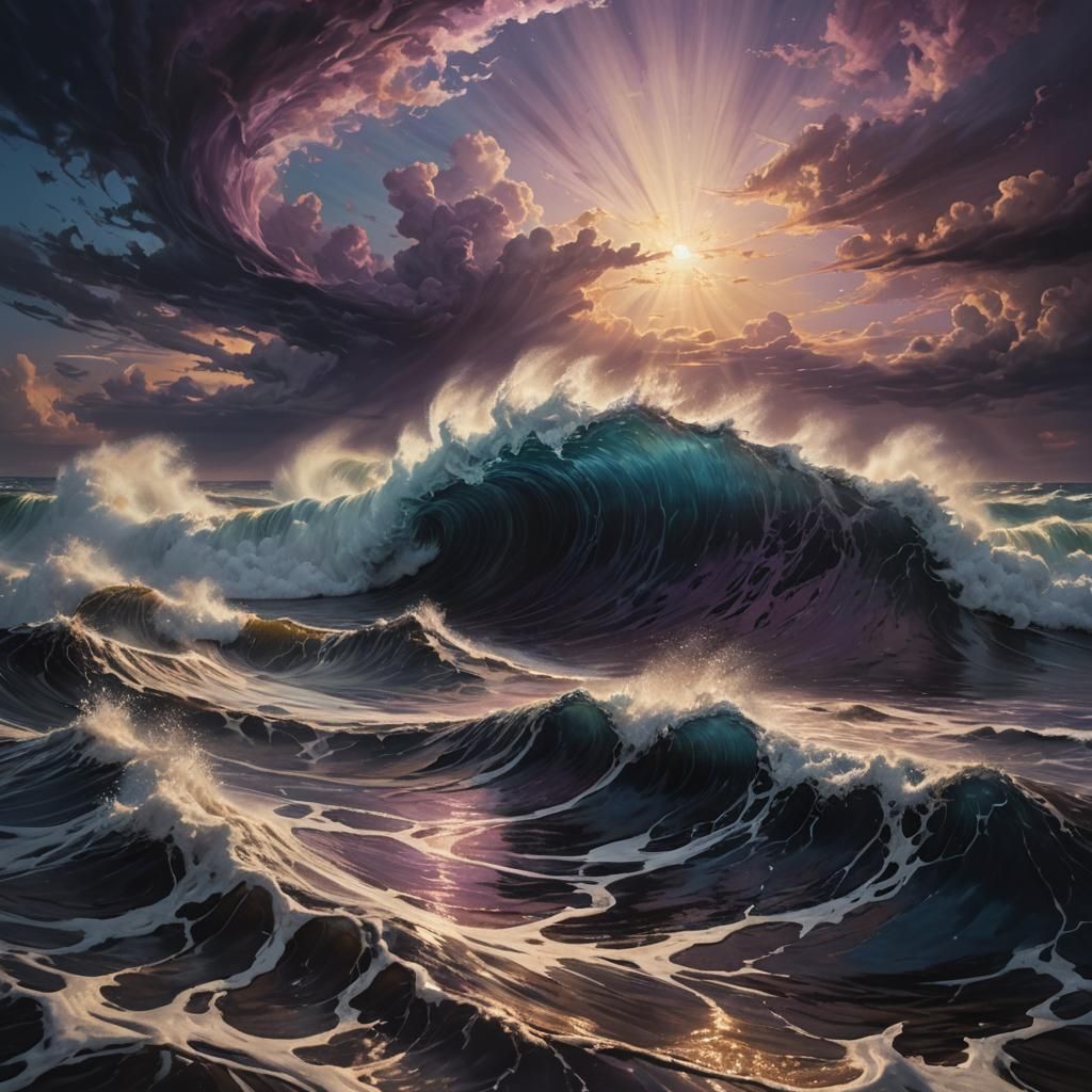 Radiant Being Confronts Dark Wave in Surreal Landscape