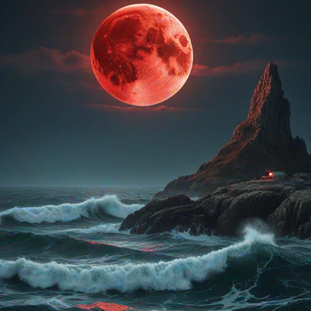 Menacing Presence in Devil's Sea Under Blood Moon