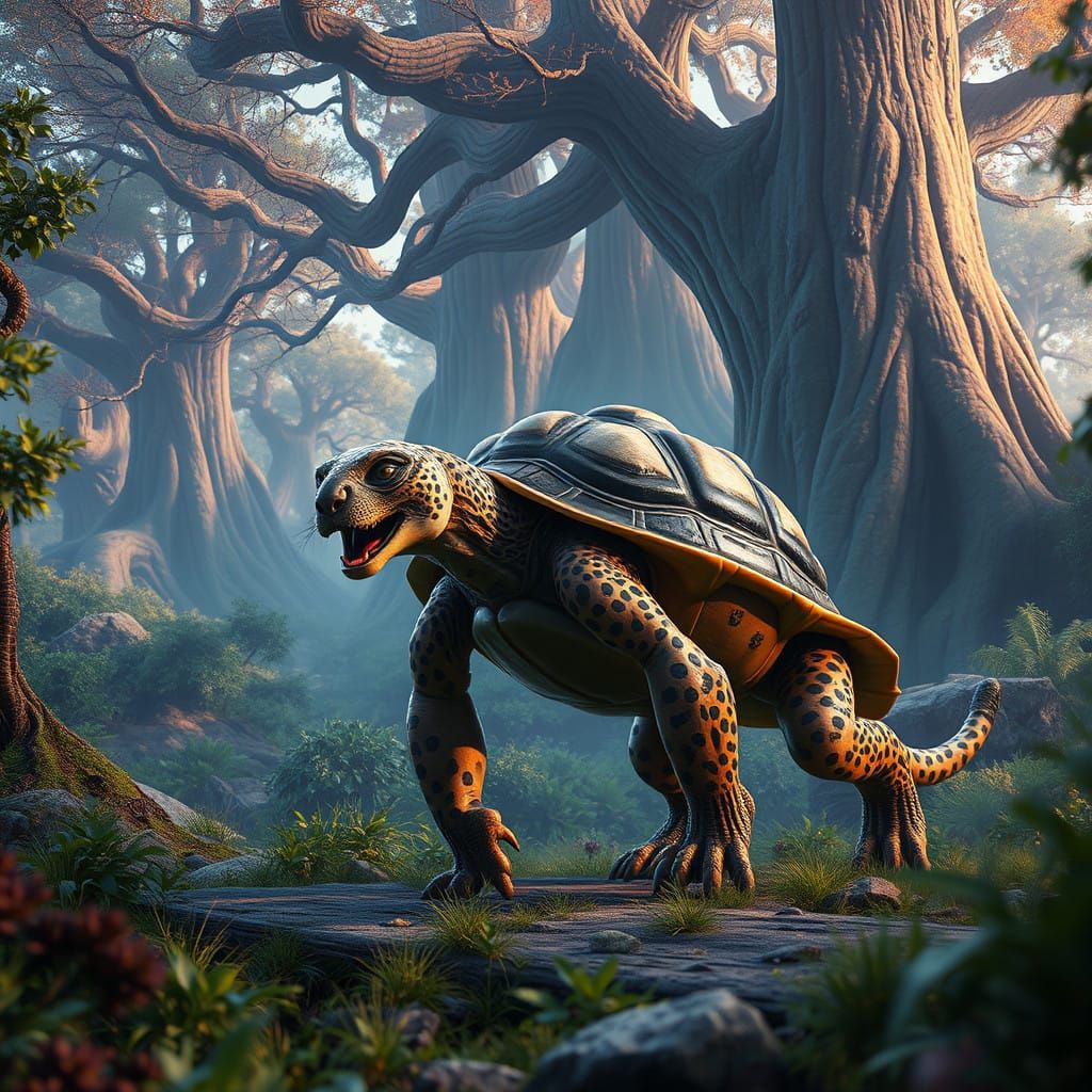 Majestic Cheetah-Turtle Hybrid in Dreamlike Fantasy World