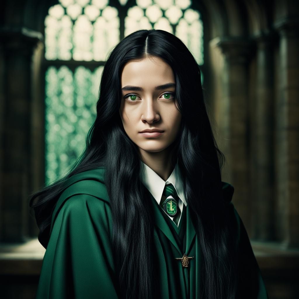 Girl in Slytherin Robes: Photorealistic Digital Art