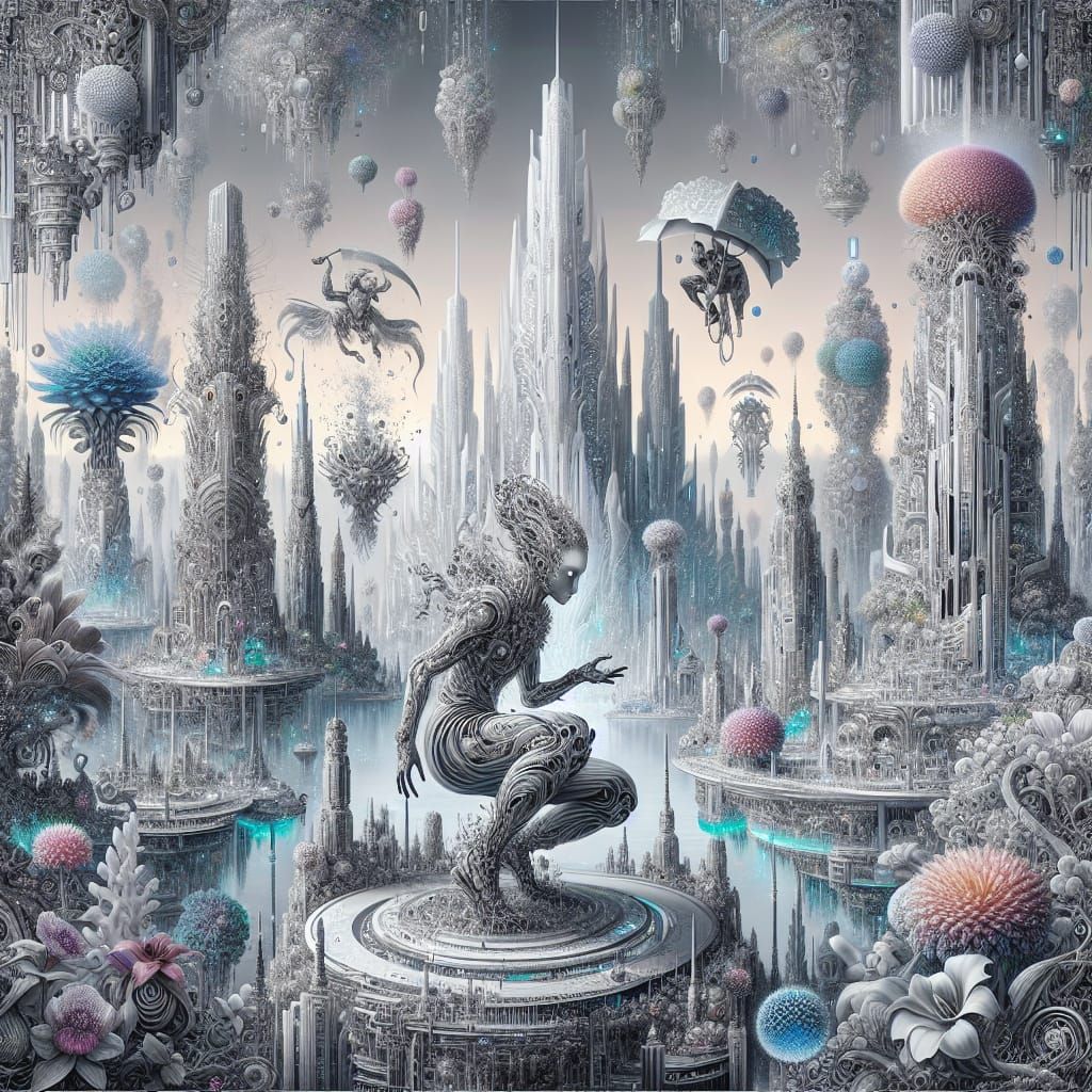 Fantasy Female Warrior Surrounded by Surreal Cityscape and B...