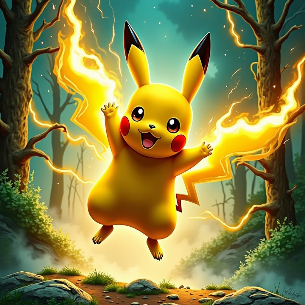 Pikachu Unleashes Electric Fury in a Stormy Landscape