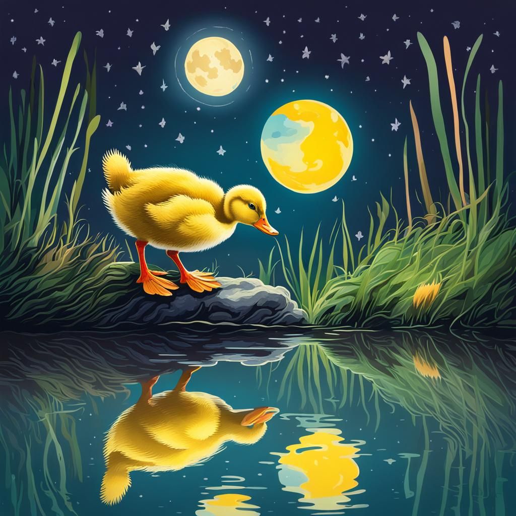 Duckling and Moonlit Reflection by the Lake
