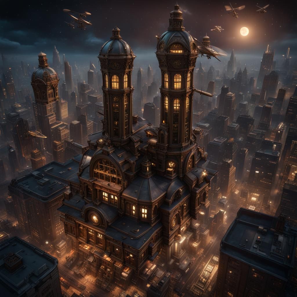 Flying over a Steampunk City by Night