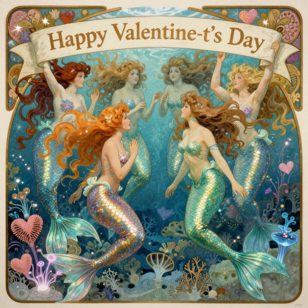 Mermaids Celebrate Valentine's Day Underwater