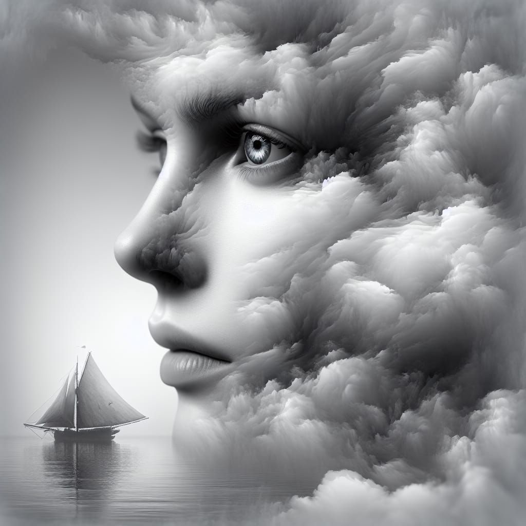 Ethereal Cloud Face Reflected in Foggy Waters