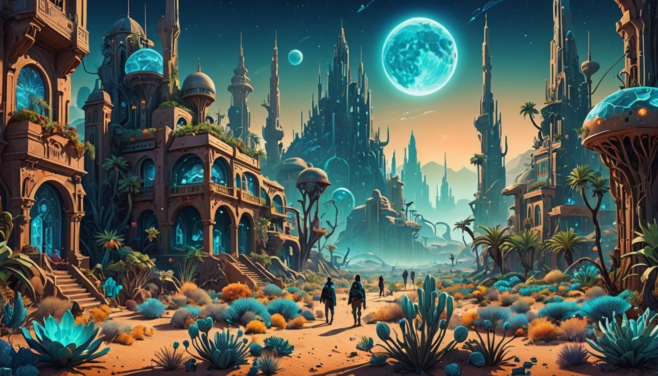 Ethereal Desert City with Bioluminescent Flora